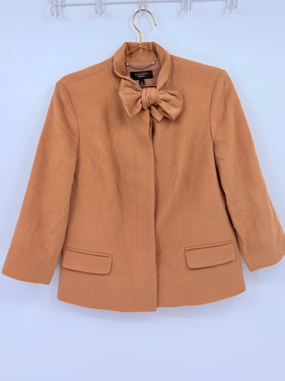Talbots Wool Bow Jacket Size 12 Camel Tan Blazer Cropped Coat Quiet Luxury - Picture 2 of 5